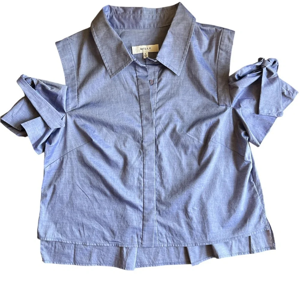 Milly Cold Shoulder Blue Shirt with Bow Short Sleeves – Women’s Size 6